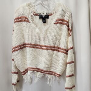 Polly & Ester Cropped Distressed Cream Vintage Style Striped oversized Sweater